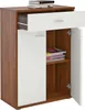 A wooden cabinet with a white drawer and two white doors, one of which is open, revealing shelves with books. Produktbild-Vorschau