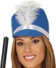 A woman wearing a blue military-style hat with a white feather and ribbon. Produktbild-Vorschau