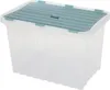 A transparent storage box with a teal lid. Voir les images du produit
