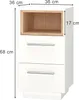 A product shot of a white nightstand with a wooden shelf and two drawers, with dimensions indicated by measurement lines and text. Náhled obrázku produktu