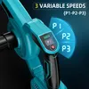Close-up of a teal and black cordless leaf blower with a digital display showing speed settings. Produktbild-Vorschau