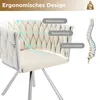 A cream-colored upholstered chair with chrome legs, highlighting its ergonomic design with labels pointing to different support areas and a diagram of a human spine. Voir les images du produit