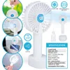 Collage showing a portable misting fan in different usage scenarios, with a specification table. Produktbild-Vorschau