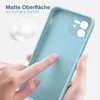 A hand is touching a light blue phone case, highlighting its matte surface and soft grip. Produktbild-Vorschau