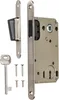 A set of door lock components including a lock mechanism, strike plate, key, and screws, arranged on a white background. Anteprima dell’immagine prodotto