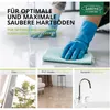 A person in blue gloves cleaning a hard floor, with smaller images showing different surfaces like glass, PVC floors, and ceramics. Produktbild-Vorschau