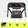 Close-up view of the console and handles of a black Zipro treadmill, with icons and numerical data displayed below. Produktbild-Vorschau