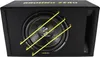 A black subwoofer box with yellow protective bars and yellow branding. Produktbild-Vorschau