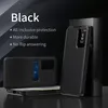 A black flip case for a smartphone is displayed with its features listed. Náhled obrázku produktu