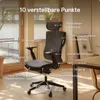 An ergonomic office chair is shown in a room with natural light, with various features highlighted by text labels. Podgląd zdjęcia produktu