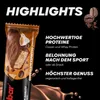 A protein bar with chocolate and espresso flavor, presented with marketing text highlighting its benefits. Produktbild-Vorschau