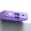 Close-up of the top and side of a purple power bank, showing its ports and digital display. Podgląd zdjęcia produktu