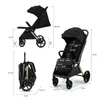 Diagrams showing the dimensions of a black stroller in different folded and unfolded states. Produktbild-Vorschau