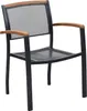 A single outdoor chair with a black metal frame and wooden armrests and backrest. Náhled obrázku produktu