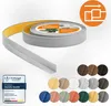 A roll of gray flexible baseboard trim with yellow adhesive backing is shown, along with a sample of the trim extending from the roll. Below are circular swatches of various color options for the trim, and a certification badge. Anteprima dell’immagine prodotto
