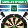 A dartboard with darts and marketing text highlighting product features. Produktbild-Vorschau