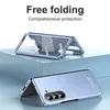 A blue phone case is shown in two different configurations, one open and one closed, on a light blue platform against a white background. Text overlays describe the product's features. Produktbild-Vorschau