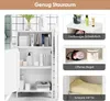 A collage of images showing a white bathroom cabinet with various items inside and on top, along with close-ups of different storage compartments. Produktbild-Vorschau