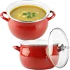 Two red enamel pots, one filled with soup and garnished with parsley, and the other with a glass lid. Podgląd zdjęcia produktu