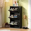 A black shoe cabinet with multiple shelves is shown in a room with yellow walls and a curtain. Podgląd zdjęcia produktu