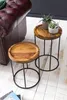 Two wooden side tables with black metal legs are placed on a wooden floor next to a brown leather sofa. Small potted plants are on top of one of the tables. Náhled obrázku produktu