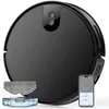 A black robot vacuum cleaner is shown with its accessories and a smartphone displaying its app. Produktbild-Vorschau