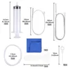 A flat lay of various cleaning tools and accessories for refrigerators, with dimensions and quantities indicated. Produktbild-Vorschau