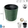 A green plant pot with dimensions and features indicated by icons and text. Produktbild-Vorschau