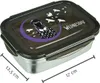 A stainless steel lunchbox with a black lid featuring a design of Wednesday Addams and birds, along with dimensions indicated by measurement lines. Podgląd zdjęcia produktu