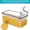 A clear plastic food storage container filled with spaghetti, with a close-up inset showing the lid seal and another inset showing the texture of the spaghetti. Produktbild-Vorschau