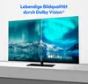A television displaying a vibrant landscape image, with a split screen effect and Dolby Vision branding. Produktbild-Vorschau