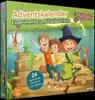 The image shows the front of a product box for an advent calendar with illustrations of children and a witch. The background depicts a lake or pond scene with a wooden dock. Podgląd zdjęcia produktu
