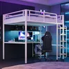 A loft bed with a desk and shelves underneath, set up in a modern room with colorful lighting. Náhled obrázku produktu