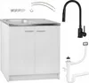 A white kitchen cabinet with a sink, faucet, and plumbing accessories. Náhľad obrázku produktu