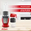 A red personal blender and a clear bottle with a red lid are displayed on a wooden surface, with marketing text overlays. Produktbild-Vorschau