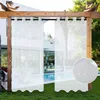 Outdoor curtains hanging from a wooden pergola, with a modern house and swimming pool in the background. Produktbild-Vorschau