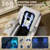 A massage chair with its internal massage mechanism highlighted, surrounded by marketing icons and text. Voir les images du produit