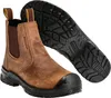 A pair of brown leather work boots and their sole are shown against a white background. Voir les images du produit