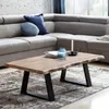 Couchtisch GAYA mit Akazie-Massivholzplatte und natürlicher Baumkante auf schwarzem Metall-Trestengestell, Gesamtansicht. Anteprima dell’immagine prodotto