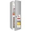 A silver refrigerator with its door slightly ajar, displaying internal shelves and food items. Several award stickers are affixed to the exterior of the door. Produktbild-Vorschau