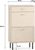 A beige shoe cabinet with drawers and a fluted cabinet door, shown with dimensions indicated. Náhľad obrázku produktu