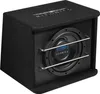 A black subwoofer box with a visible speaker and protective bars. Voir les images du produit