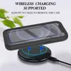 A black phone case is shown on a wireless charging pad, with text overlay describing features. Produktbild-Vorschau