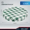 A close-up, angled view of a green and white checkered jar lid with measurement indicators. Produktbild-Vorschau