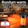 A heater is shown in a living room setting, with warm light illuminating the rug. Produktbild-Vorschau