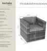 A diagram showing the dimensions of a rattan armchair, with accompanying text detailing specifications. Produktbild-Vorschau
