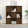 A brown wooden cube shelf unit is shown against a white wall and light gray floor. Náhled obrázku produktu
