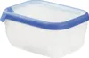 A clear studio shot of a transparent rectangular food storage container with a dark blue lid. Produktbild-Vorschau