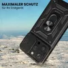 A black phone case with a ring holder is shown in a snowy, outdoor environment. Produktbild-Vorschau
