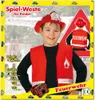 A young boy wearing a firefighter costume, including a vest and hat, is shown in a promotional image for a children's play vest. Produktbild-Vorschau